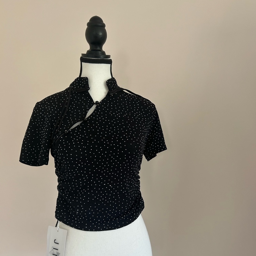 JIN XI Neo-Chinese Style Rhinestone Short Sleeve Black Shirt